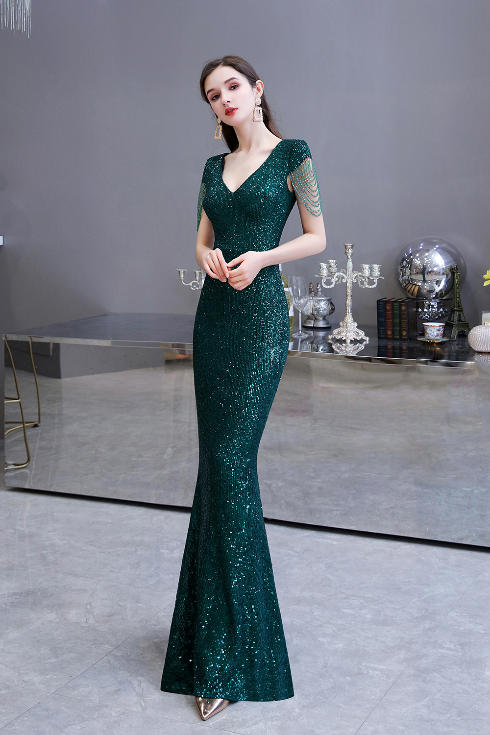 BMbridal Elegant Cap Sleeve Green Prom Dress Sequins Long Evening Gowns Online