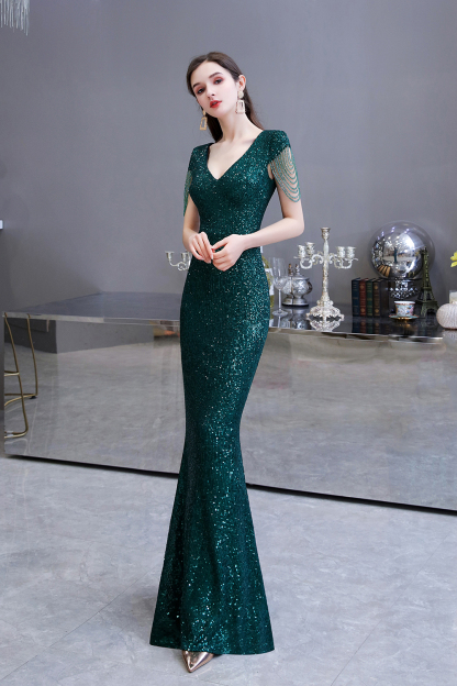 BMbridal Elegant Cap Sleeve Green Prom Dress Sequins Long Evening Gowns Online