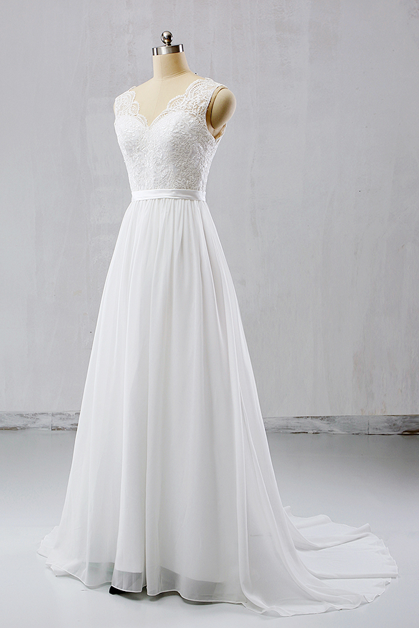 BMbridal Elegant Straps Sleeveless Chiffon Wedding Dresses White A-line Bridal Gowns Online-BMbridal