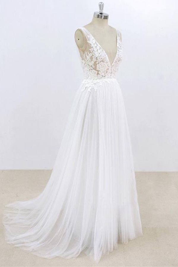 BMbridal Sexy V-neck Sleeveless Straps Wedding Dresses White Tulle Ruffles Lace Bridal Gowns Online