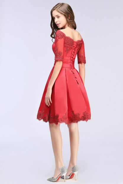 BMbridal Chic Half Sleeve Lace-up Off-shoulder Lace Appliques Short Prom Dress