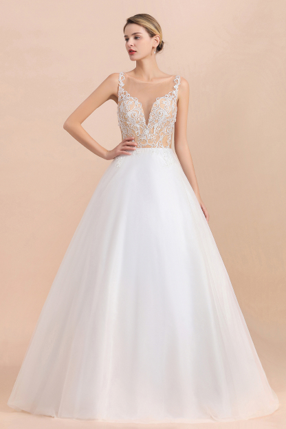 BMbridal Gorgeous Tulle Lace V-Neck Sleeveless Wedding Dress Online
