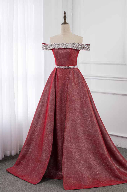 BMbridal Gorgeous Off-the-Shoulder Beading Burgundy Prom Dress with Sash