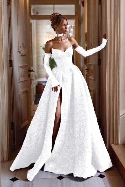 Strapless Sleeveless Long Split Prom Dress With Sequins Detachable sleeves