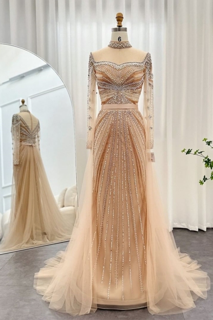 Bmbridal Silver Square A-Line Floor-Length Long Sleeves Prom Dresses with Beadings