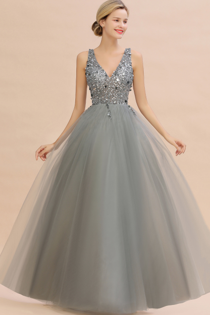 BMbridal Glamorous V-Neck Sleeveless Prom Dress Long Tulle Evening Gowns With Crystals