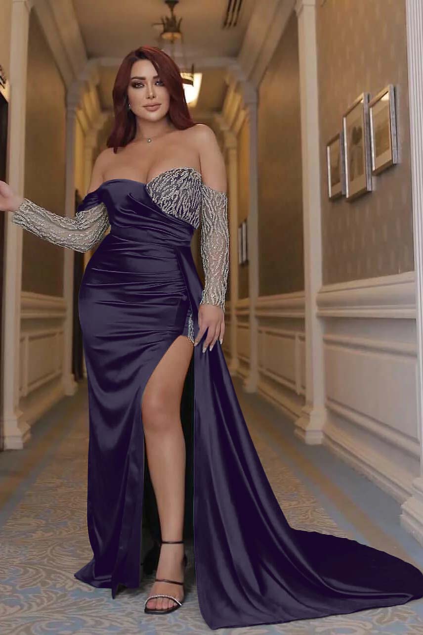 Sexy Emerald Green Off the Shoulder Long Sleeves Mermaid Prom Dress With Beading Split