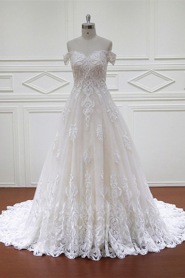 BMbridal Elegant Off-the-Shoulder White Tulle Lace Wedding Dress Sweetheart Appliques Bridal Gowns On Sale-BMbridal
