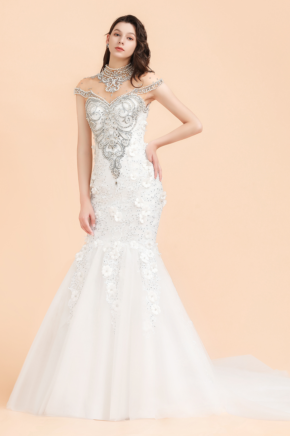 BMbridal Luxury Mermaid Wedding Dress Tulle Lace Sequins Sleeveless Bridal Gowns with Pearls-BMbridal