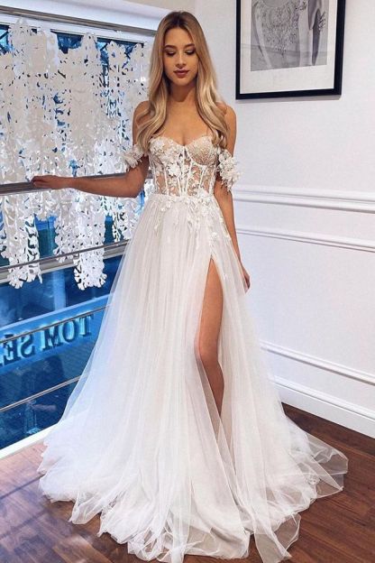 Classic White Off-The-Shoulder Boho A-Line Wedding Dress with Lace