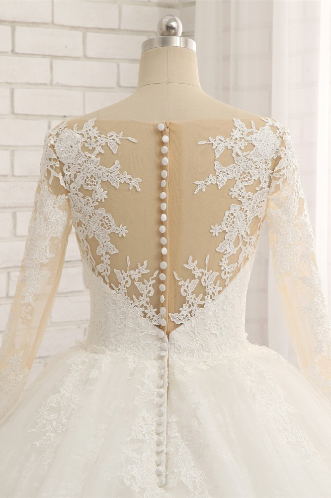 BMbridal Affordable White Tulle Ruffles Wedding Dresses Jewel Longsleeves Lace Bridal Gowns With Appliques Online-BMbridal