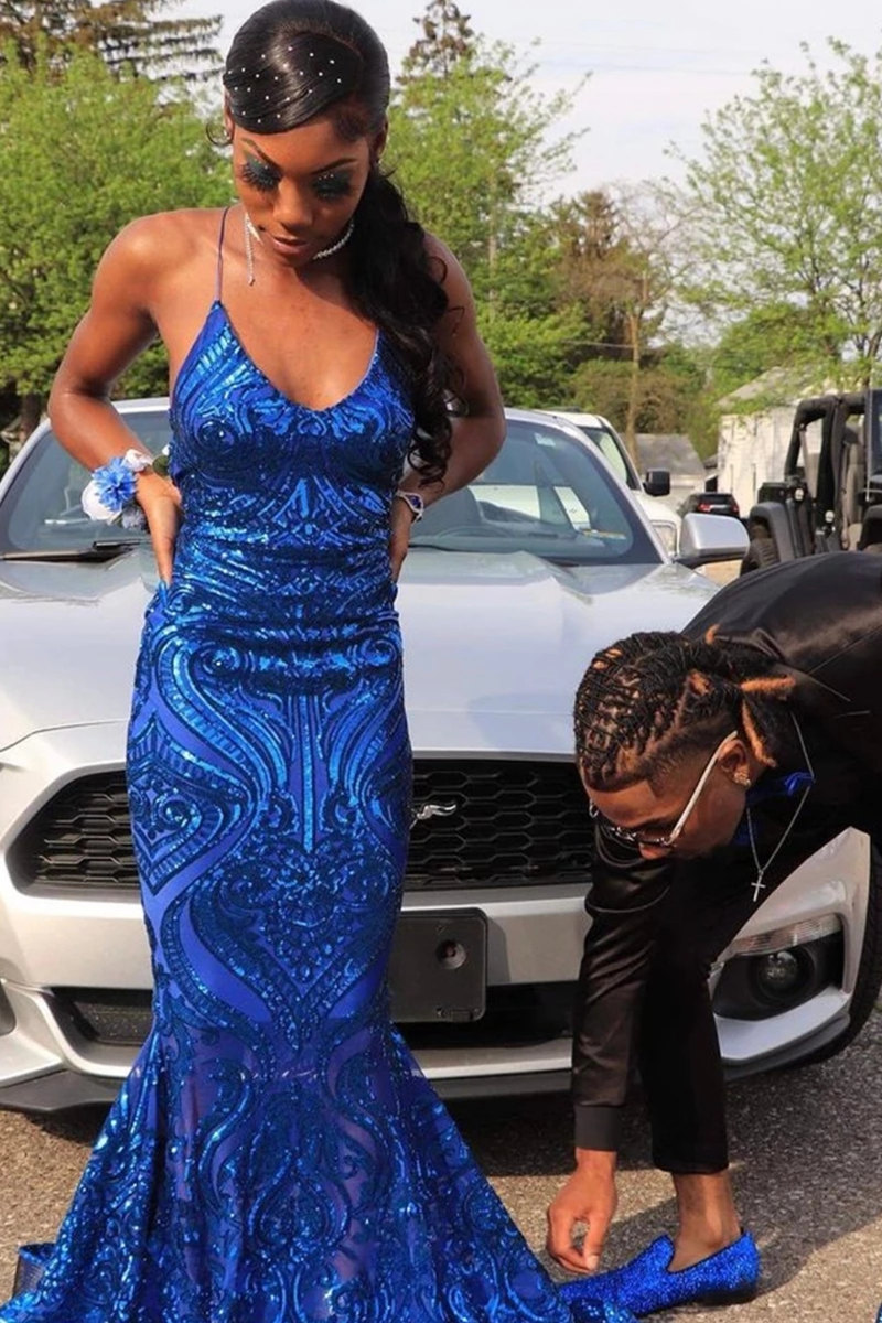 Bmbrdal Royal Blue Sleeveless Prom Dress Mermaid Sequins Online
