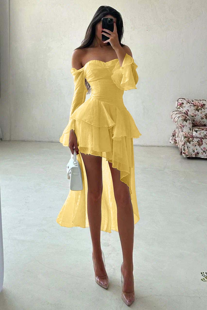 Strapless Long Sleeves Off the Shoulder Short Prom Dress With Ruffles