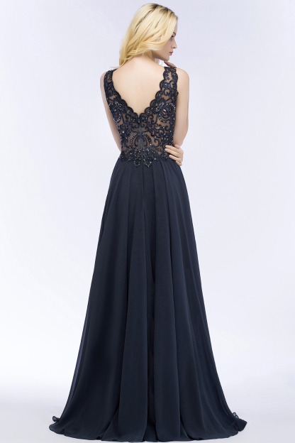 BMbridal A-line V-neck Sleeveless Long Appliqued Chiffon Prom Dress with Crystals