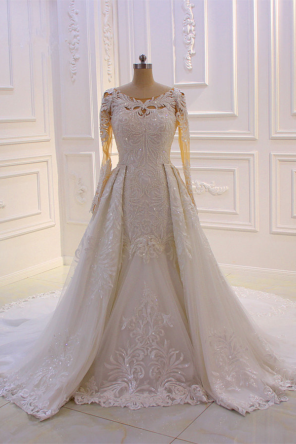 BMbridal Glamorous Jewel Long Sleeves Wedding Dress Tulle Lace Bedaings Bridal Gowns Online-BMbridal