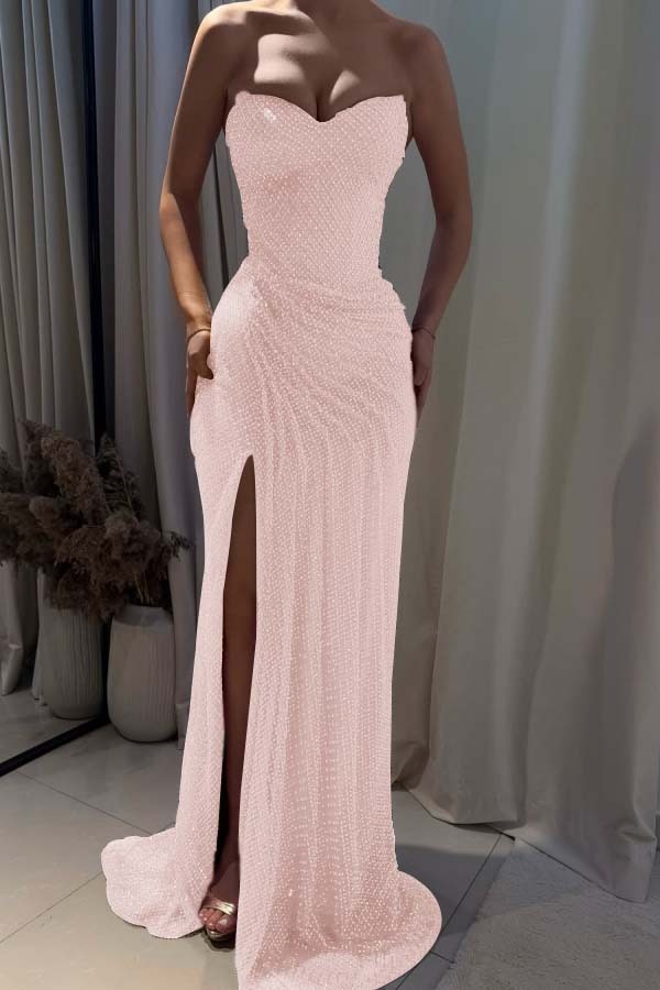 Strapless Sleeveless Mermaid Long Prom Dress With Split Pleated