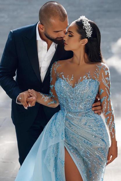 BMbridal Long Sleeves Sky Blue Prom Dresses Mermaid Tulle With Beadings Slit