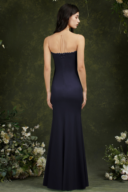 Bmbridal Burgundy Illussion Neck Mermaid Prom Dress Long With Appliques