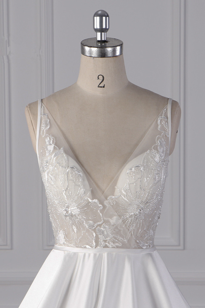 BMbridal Elegant Satin V-Neck Wedding Dress Lace Appliques Sleeveless Bridal Gowns On Sale-BMbridal