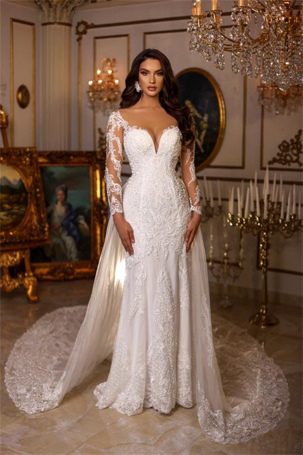 Bmbridal Long Sleeves Mermaid Wedding Dress Lace With Ruffles-BMbridal