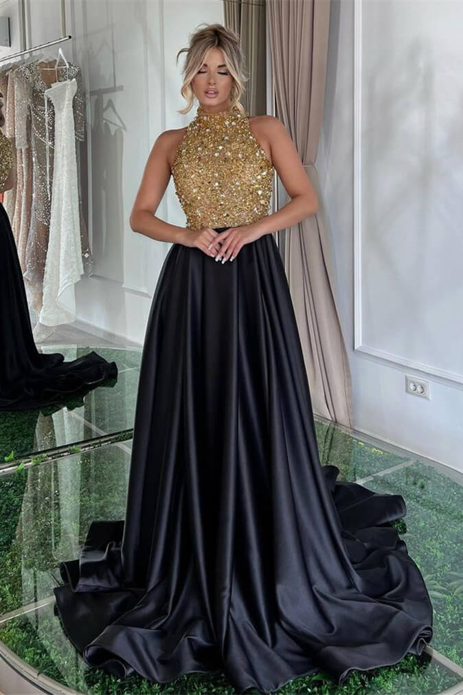 Modern High Neck Sleeveless A-Line Evening Dress Black With Beadings
