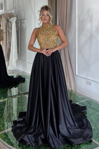 Modern High Neck Sleeveless A-Line Evening Dress Black With Beadings