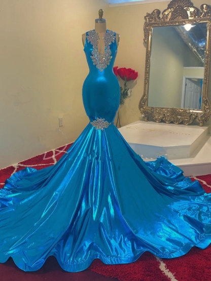 Bmbridal Ocean Blue Prom Dress Sleeveless Mermaid Long