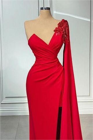 One Shoulder V Neck Mermaid Prom Pleated Dress Red Long Appliques With Ruffles