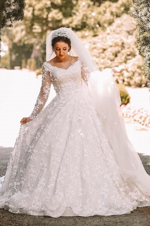 Bmbridal Long Sleeves V-Neck Ball Gown Wedding Dress With Appliques-BMbridal