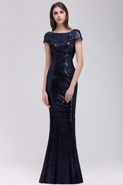 BMbridal Sparkly Sequined Jewel Sheath Prom Dress with Short Sleeves and Draped Back