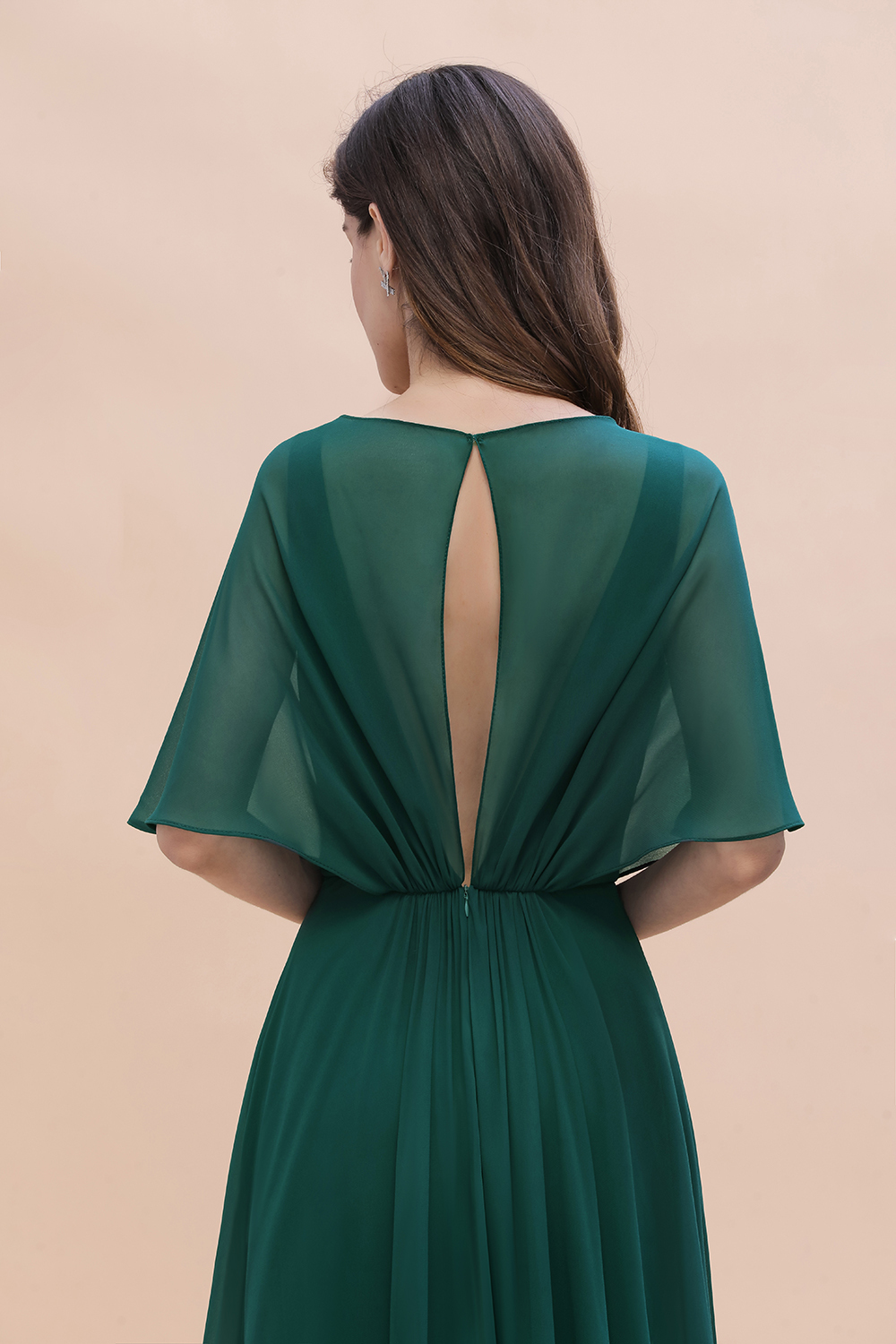 BMbridal Gorgeous V-Neck Chiffon Ruffles Beading Bridesmaid Dress with Half Sleeves-BMbridal