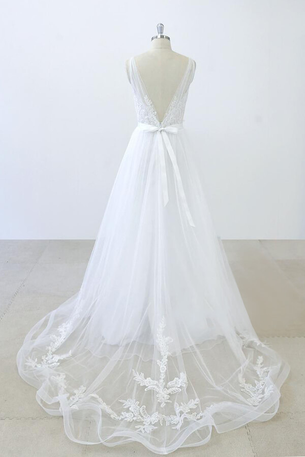 BMbridal V-neck Ruffle Applqiues Tulle A-line Wedding Dress On Sale-BMbridal
