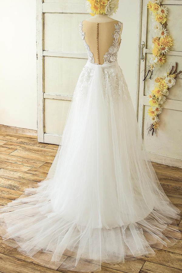 BMbridal Glamorous Straps Appliques A-line Wedding Dresses White Tulle Bridal Gowns On Sale-BMbridal