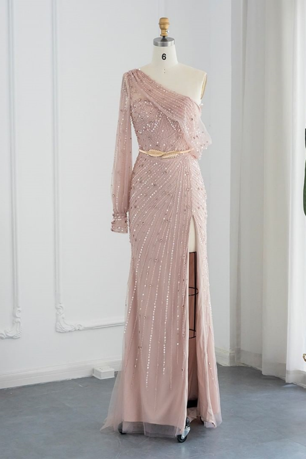 Bmbridal Tulle One Shoulder Long Sleeve Split Prom Dresses with Beadings