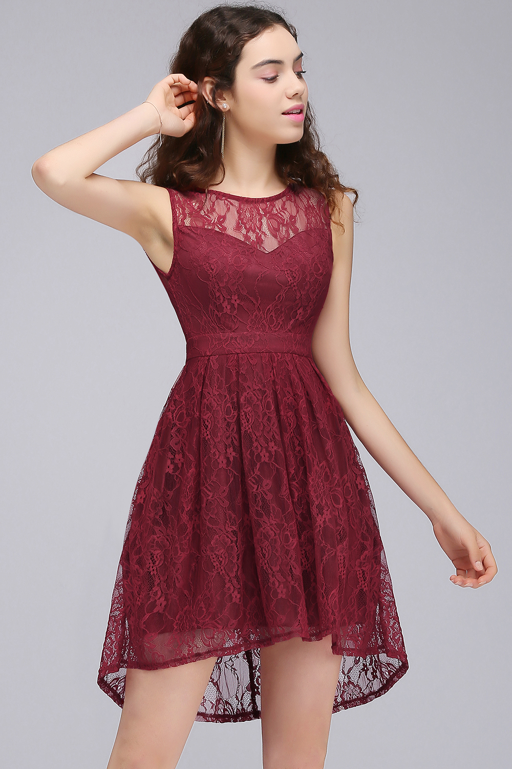 BMbridal A-Line Round Neck Short Lace Burgundy Homecoming Dress
