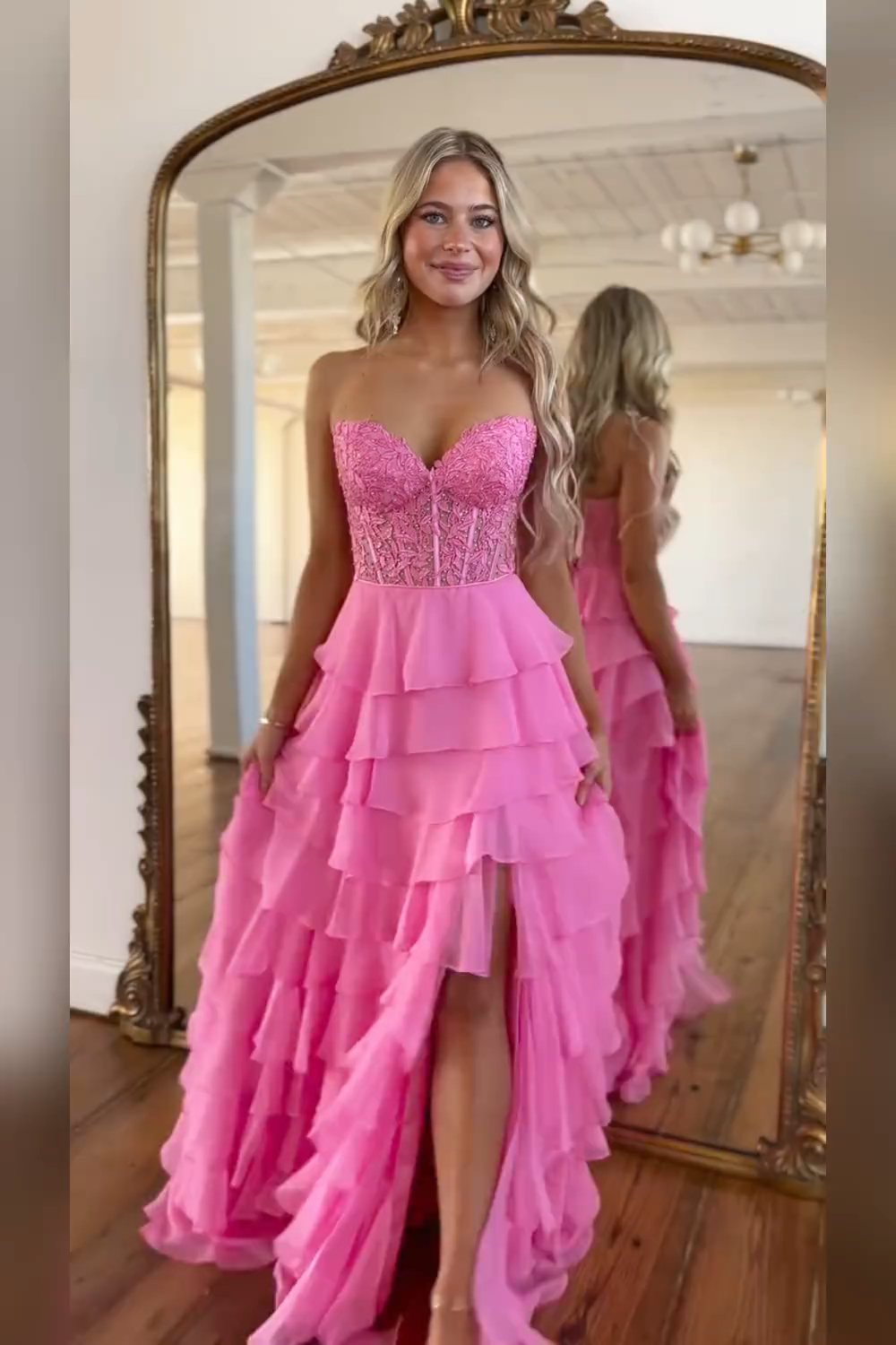 A Line Sweetheart Light Blue Long Tiered Chiffon Prom Dress with Appliques