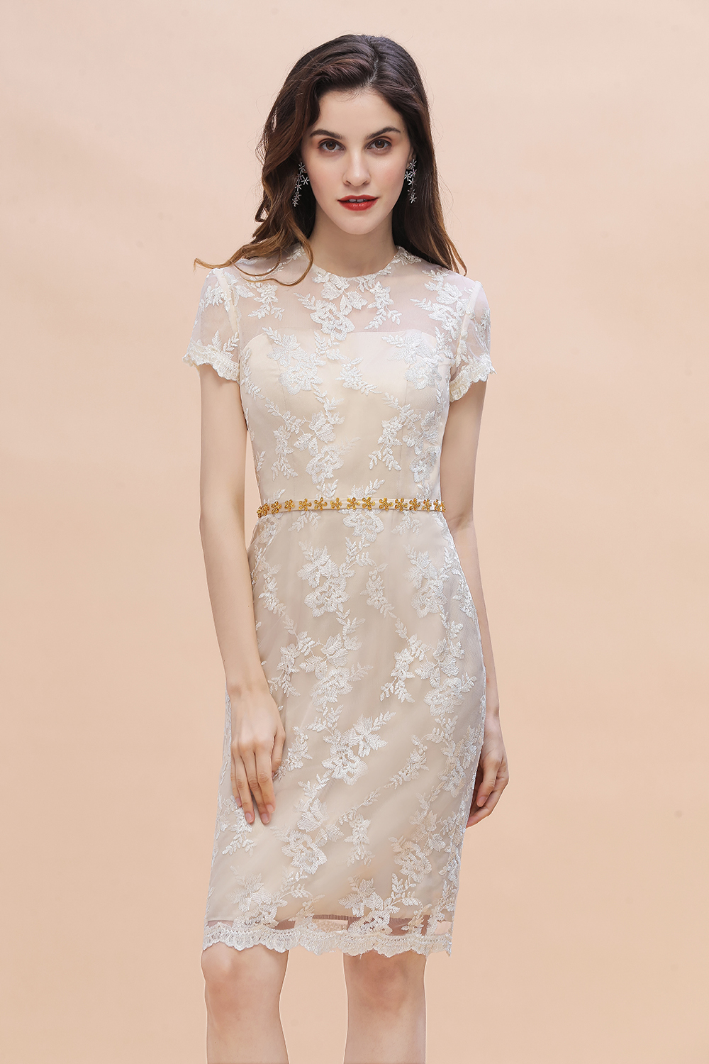 BMbridal Chic Jewel Tulle Lace Beadings Mother of Bride Dress with Short Sleeves Online-BMbridal