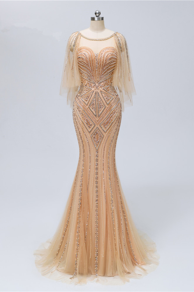 BMbridal Elegant Tulle Beadings Gold Mermaid Prom Dresses Short Sleeves Rhinestones Evening Dresses Online-BMbridal