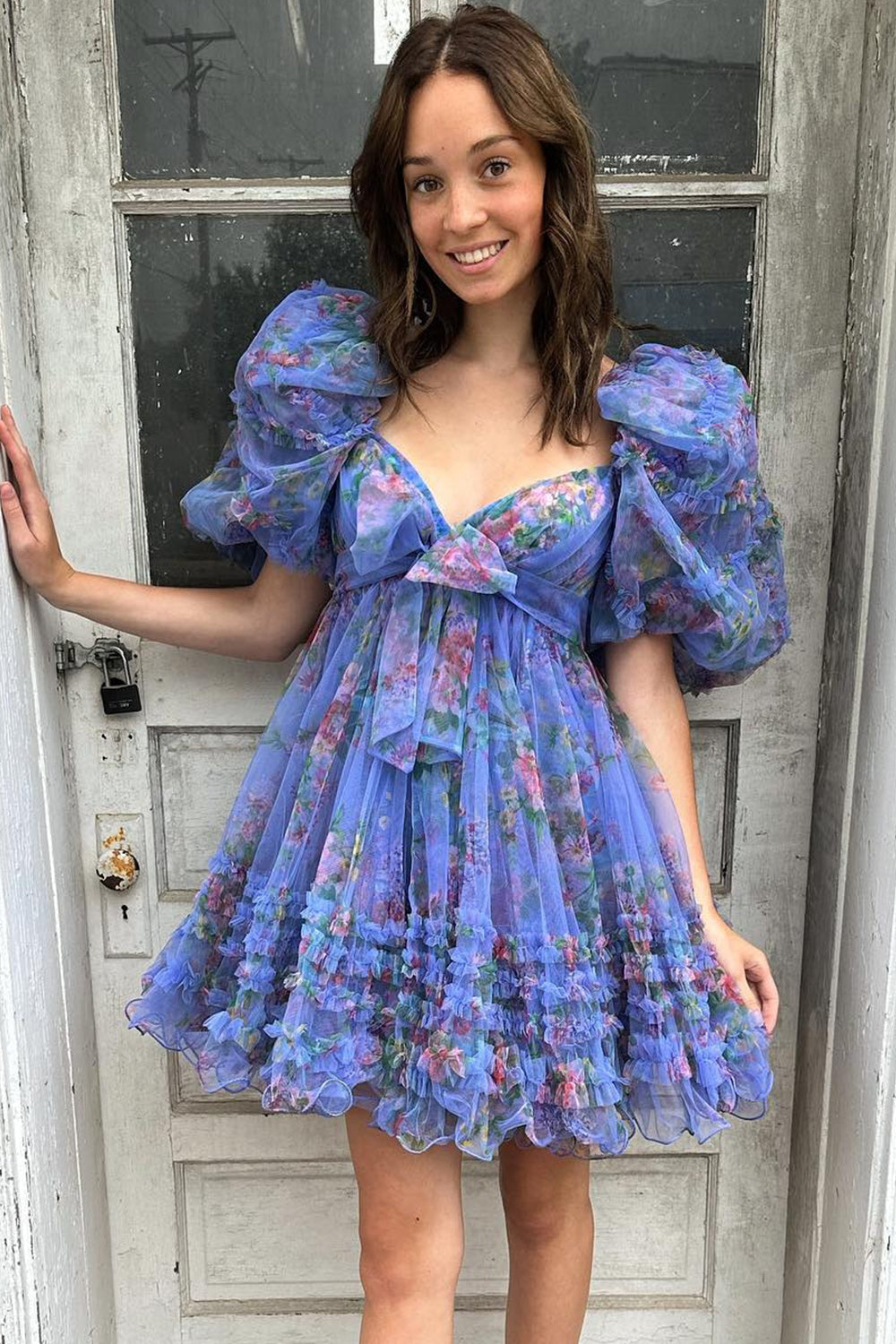 Dark Blue Puff Sleeves A-Line Floral Short Homecoming Dress with Ruffles-BMbridal