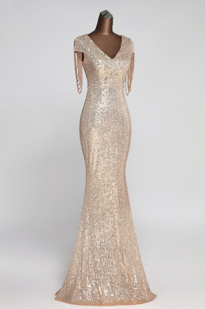 BMbridal Elegant V-Neck Beading Long Mermaid Prom Dresses with Short Sleeves Online