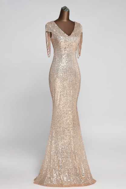 BMbridal Elegant V-Neck Beading Long Mermaid Prom Dresses with Short Sleeves Online