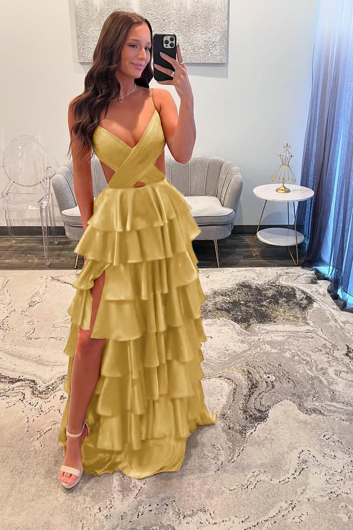 Spaghetti Strap Sleeveless Long Split Prom Dress With Ruffles