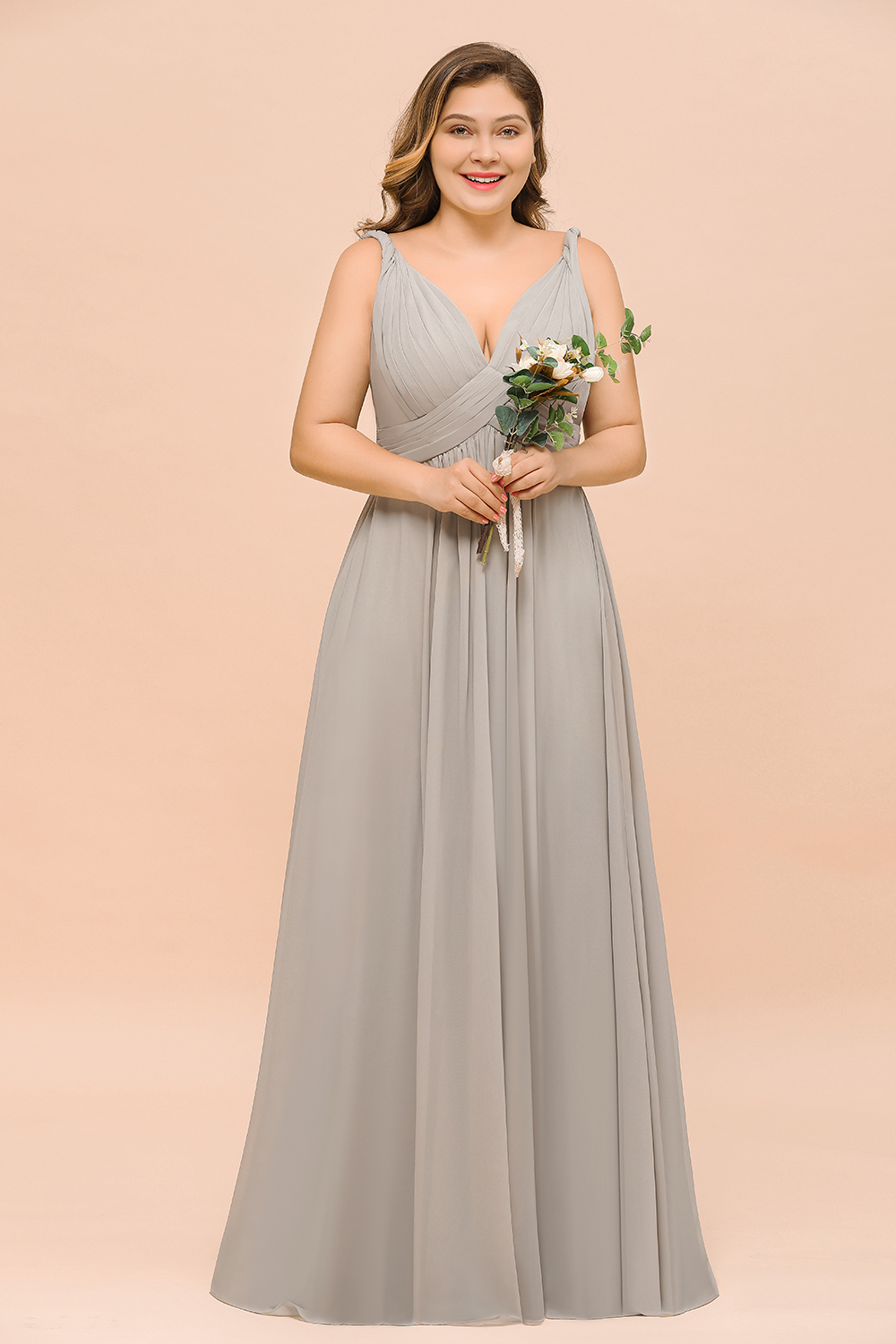 BMbridal Plus Size Chiffon V-neck Sleeveless Affordable Bridesmaid Dress with Ruffle-BMbridal