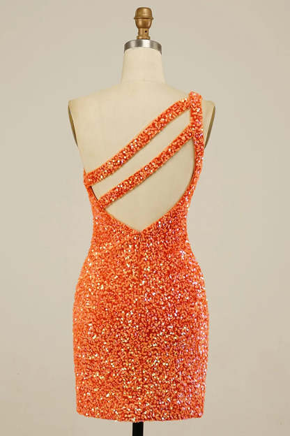 Orange Open Back One Shoulder Sequins Tight Homecoming Dress
