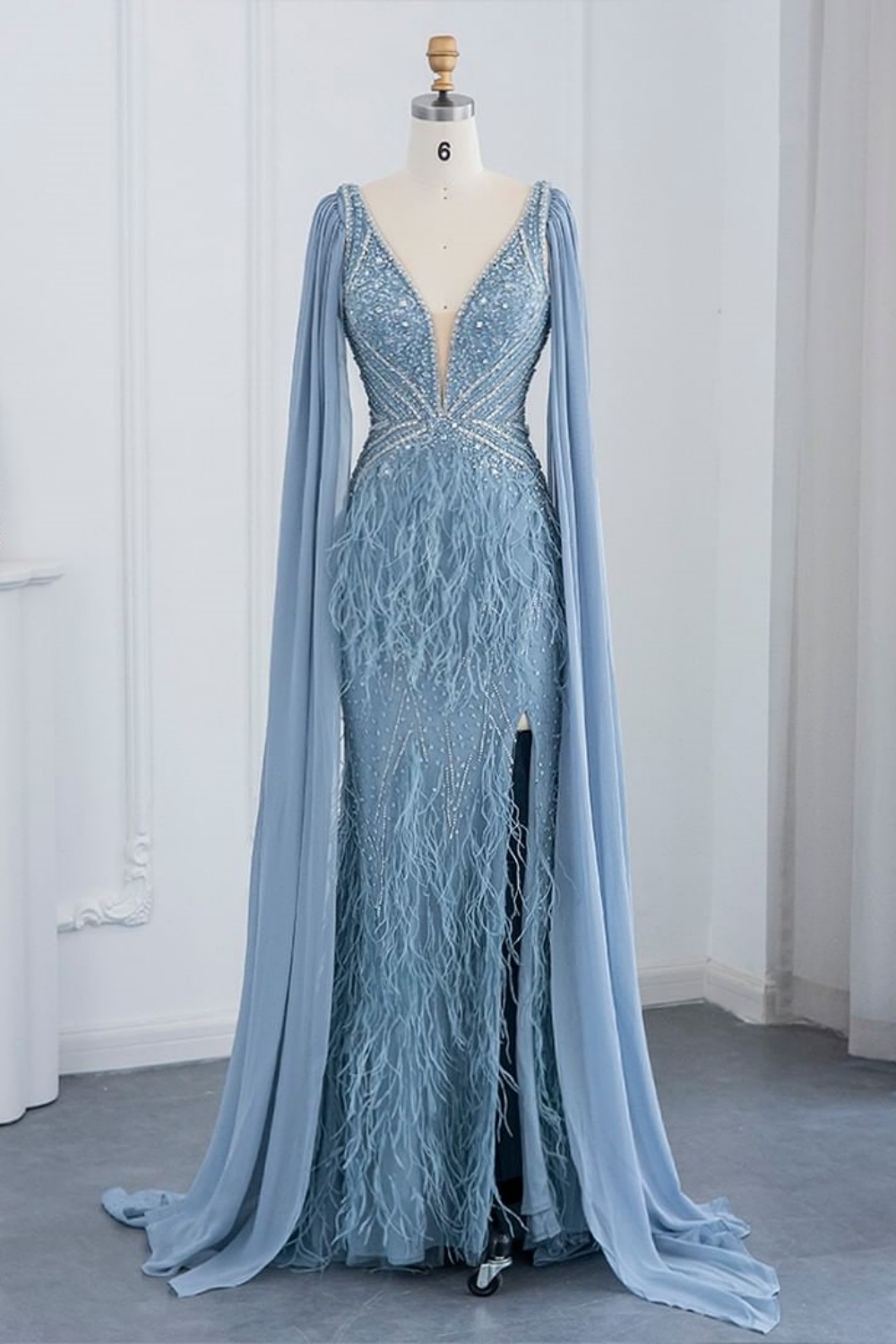 Bmbridal Sky Blue V-Neck Tulle A-Line Floor-Length Prom Dresses with Lace