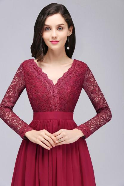 BMbridal Elegant A-line Chiffon Lace Long Sleeves Evening Dress