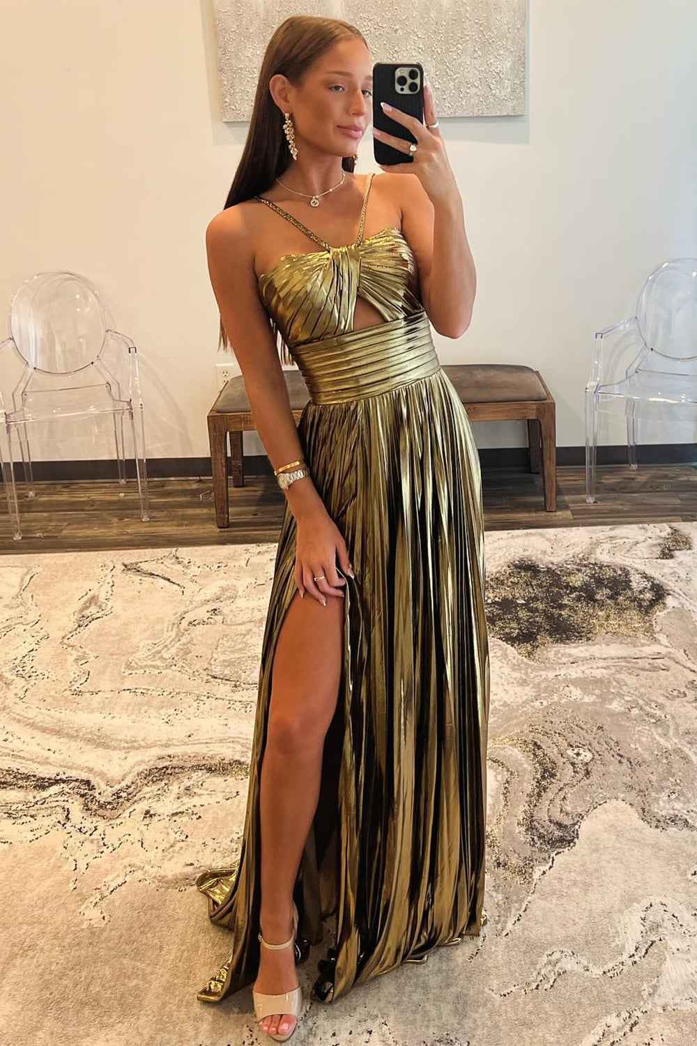 Sparkly Golden A Line Halter Neck Long Prom Dress with Keyhole Slit