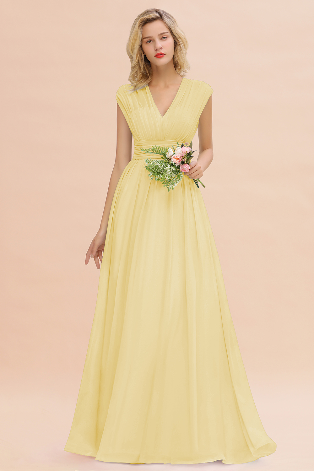BMbridal Elegant Chiffon V-Neck Ruffle Long Bridesmaid Dresses Affordable-BMbridal
