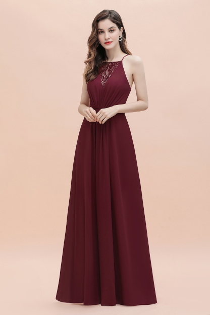 BMbridal Sexy V-neck Burgundy Chiffon Bridesmaid Dress Spaghetti Straps Lace Sequins Evening Dress