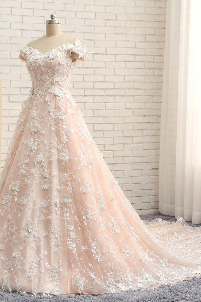 BMbridal Chic Off-the-shoulder Pink A-line Wedding Dresses With Appliques V-neck Lace Bridal Gowns Online-BMbridal
